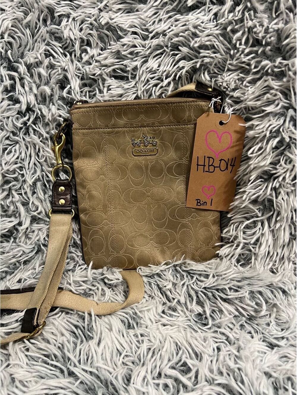 Coach Khaki Signature Jacquard Crossbody Bag Brown Leather Trim (SKU-0488)